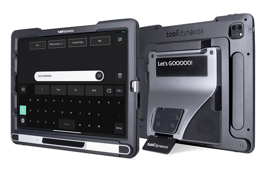 Two Tobii Dynavox speech-generating devices are shown back to back.