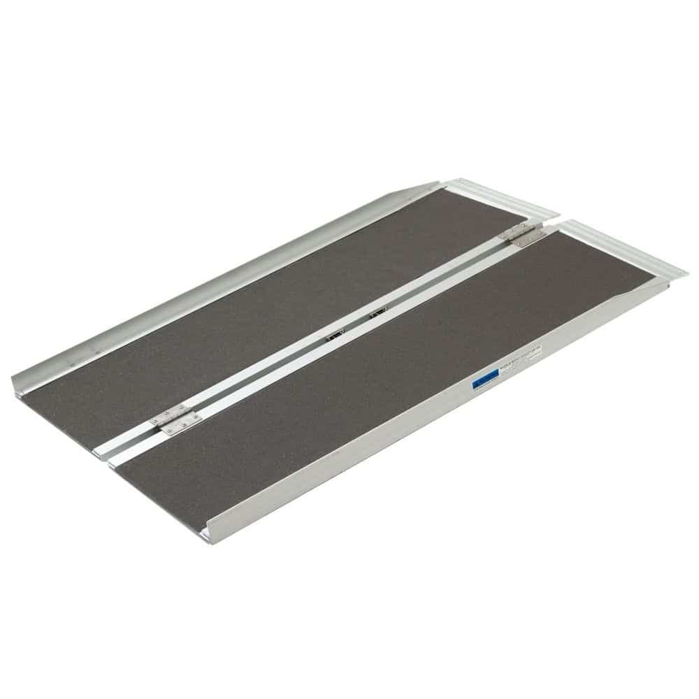 A portable aluminum wheelchair ramp with a non-slip surface and foldable design, shown in a partially unfolded position.